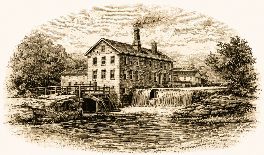 Historic Georgetown mill building illustration